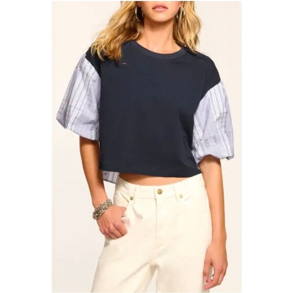 Ramy Brook Toula Mixed Media Crop Top Navy Puff Sleeve Patchwork XS
